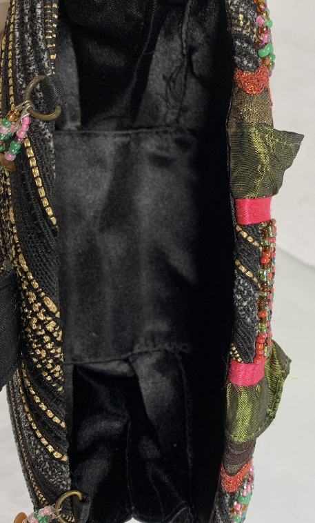 Mary Frances Floral Beaded Clutch Bag with Oval Stone Detail and Chain Strap