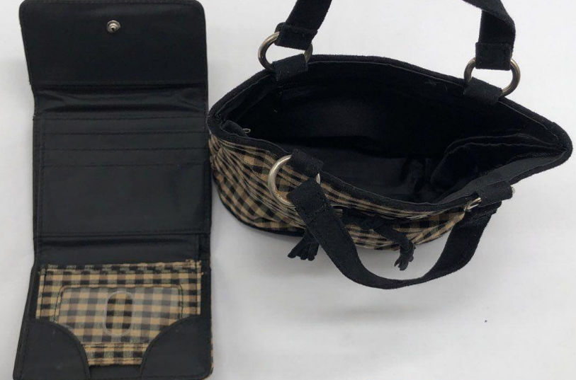 Longaberger Black and Brown Check Mini Bucket Purse with Matching Wallet Set