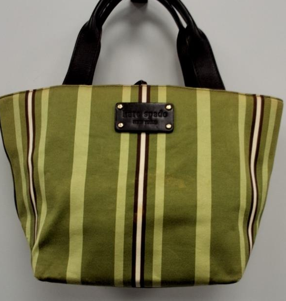 Kate Spade Green Striped Canvas Medium Tote Bag with Brown Leather Handles