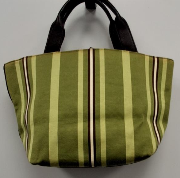 Kate Spade Green Striped Canvas Medium Tote Bag with Brown Leather Handles