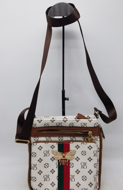 CM White Monogram Crossbody Bag with Bee Accent and Stripe Detail