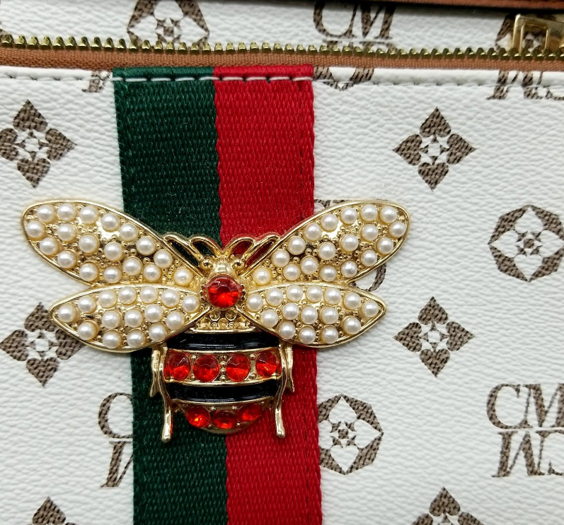 CM White Monogram Crossbody Bag with Bee Accent and Stripe Detail