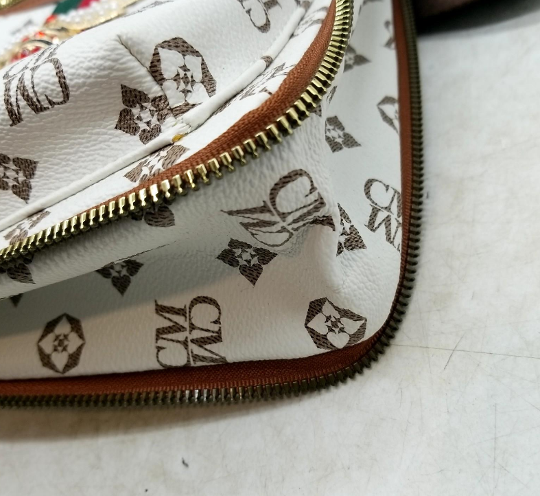 CM White Monogram Crossbody Bag with Bee Accent and Stripe Detail
