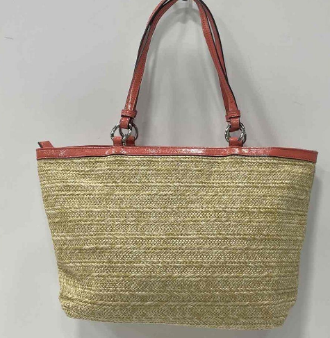 Coach Straw Floral Tote Bag with Coral Leather Trim and Appliqué Flowers