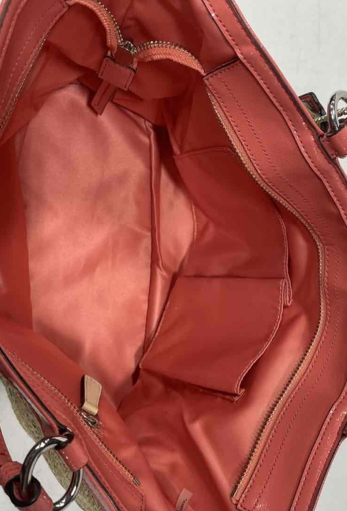 Coach Straw Floral Tote Bag with Coral Leather Trim and Appliqué Flowers