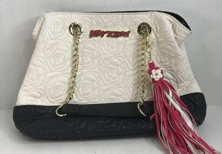 Betsey Johnson White Quilted Rose Shoulder Bag with Tassel Charm