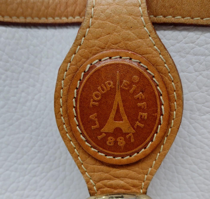 La Tour Eiffel White Leather Shoulder Bag with Tan Trim