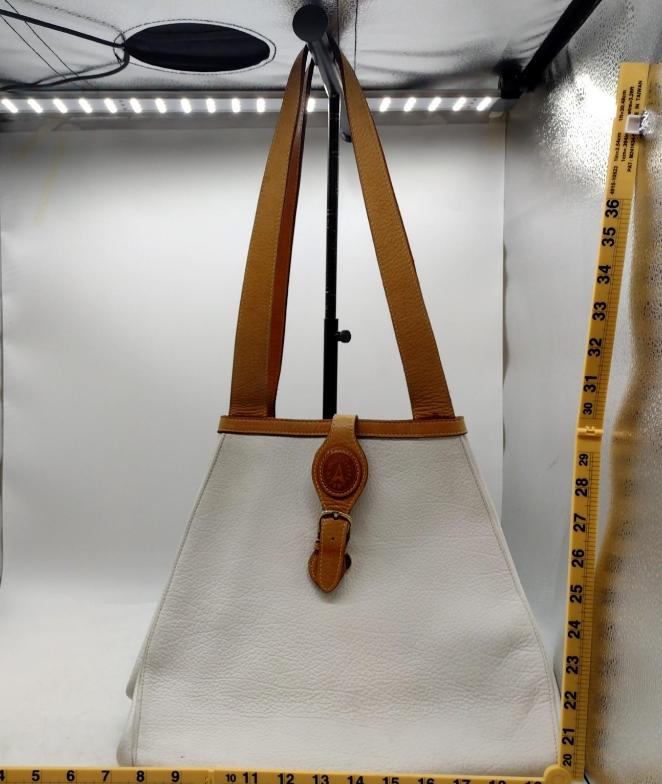 La Tour Eiffel White Leather Shoulder Bag with Tan Trim