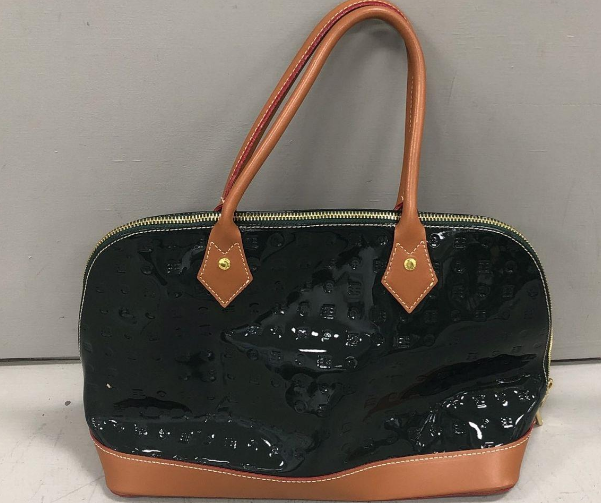 Arcadia Dark Green Patent Leather Embossed Satchel with Brown Trim