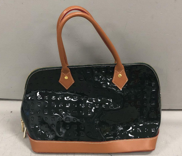 Arcadia Dark Green Patent Leather Embossed Satchel with Brown Trim