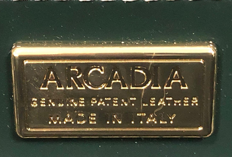 Arcadia Dark Green Patent Leather Embossed Satchel with Brown Trim