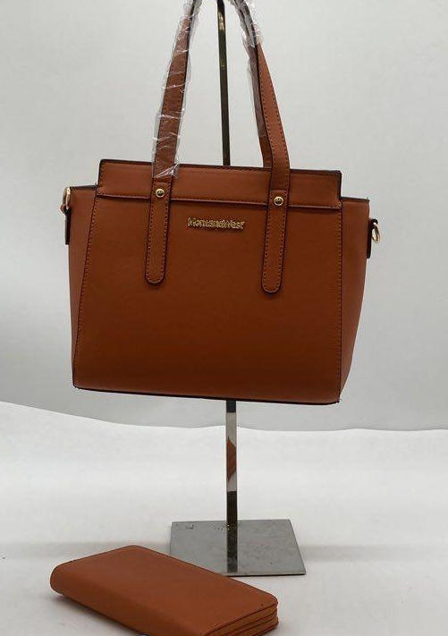 Montana West Cognac Orange Structured Tote Bag with Matching Wallet Set