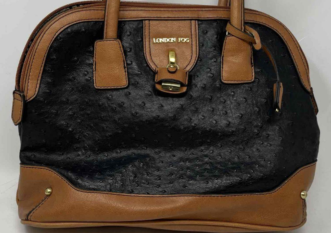 London Fog Black Ostrich Embossed Satchel Handbag with Brown Leather Trim