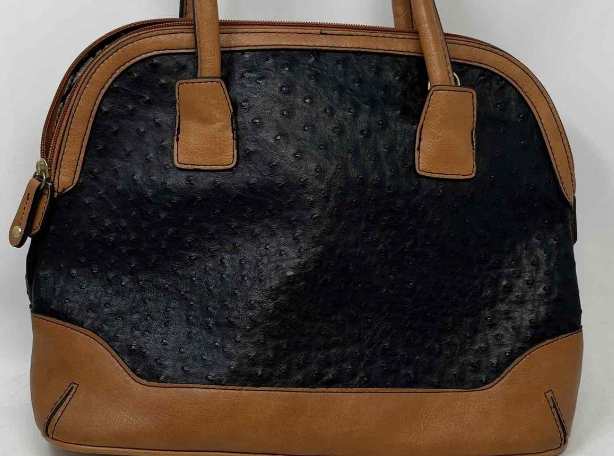 London Fog Black Ostrich Embossed Satchel Handbag with Brown Leather Trim