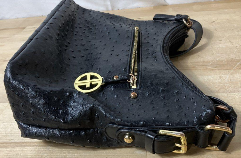 Giani Bernini Black Ostrich Embossed Hobo Handbag with Gold Hardware