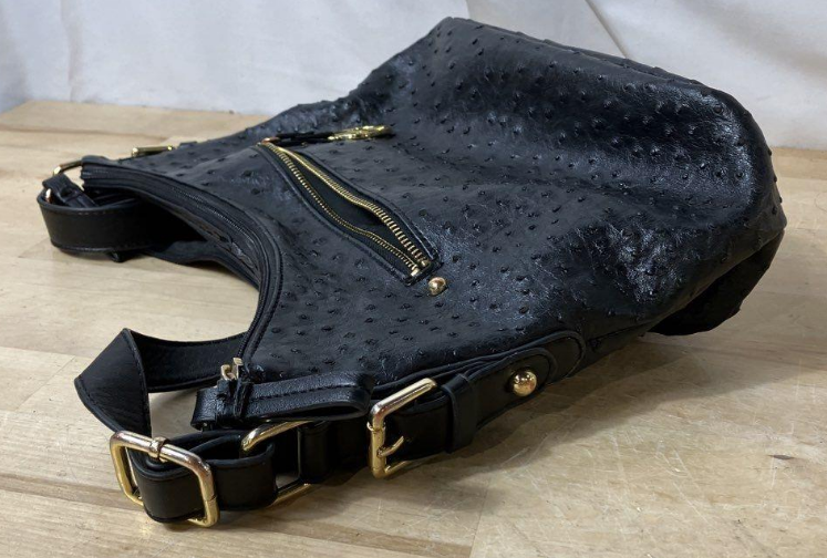 Giani Bernini Black Ostrich Embossed Hobo Handbag with Gold Hardware