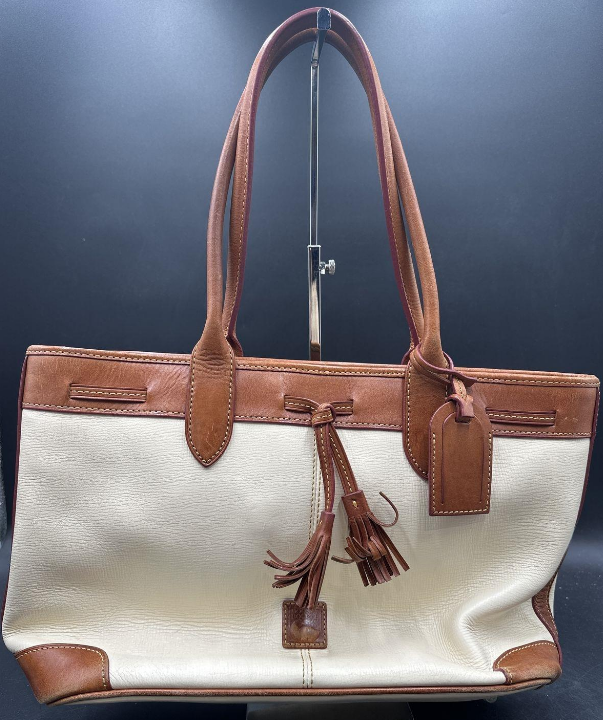 Vintage Dooney and Bourke White and Tan Leather Tassel Tote Bag