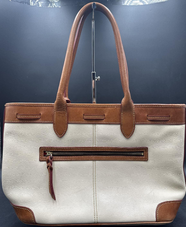 Vintage Dooney & Bourke White and Tan Leather Tassel Tote Bag