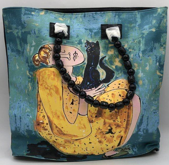 Polly Can Art Tote Bag Blue Yellow Black Woman and Cat Design