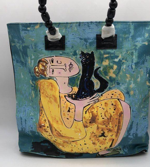 Polly Can Art Tote Bag Blue Yellow Black Woman and Cat Design