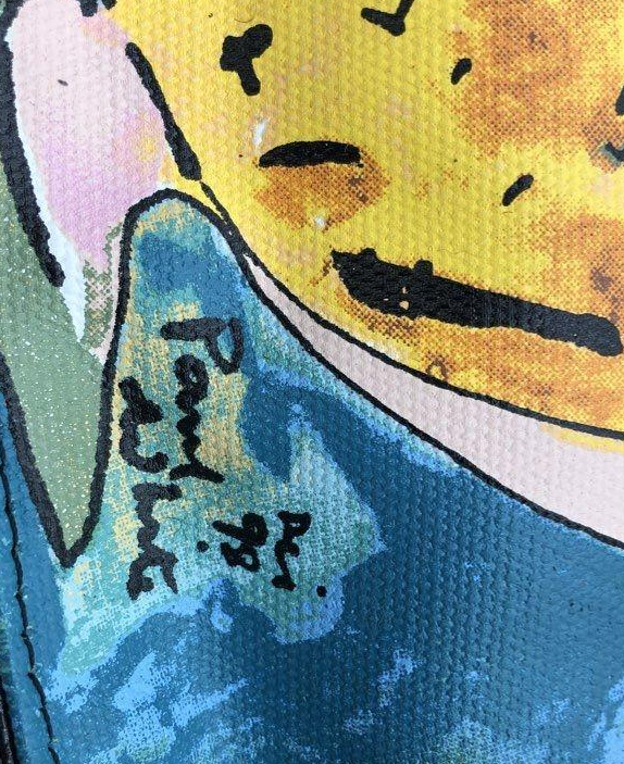 Polly Can Art Tote Bag Blue Yellow Black Woman and Cat Design