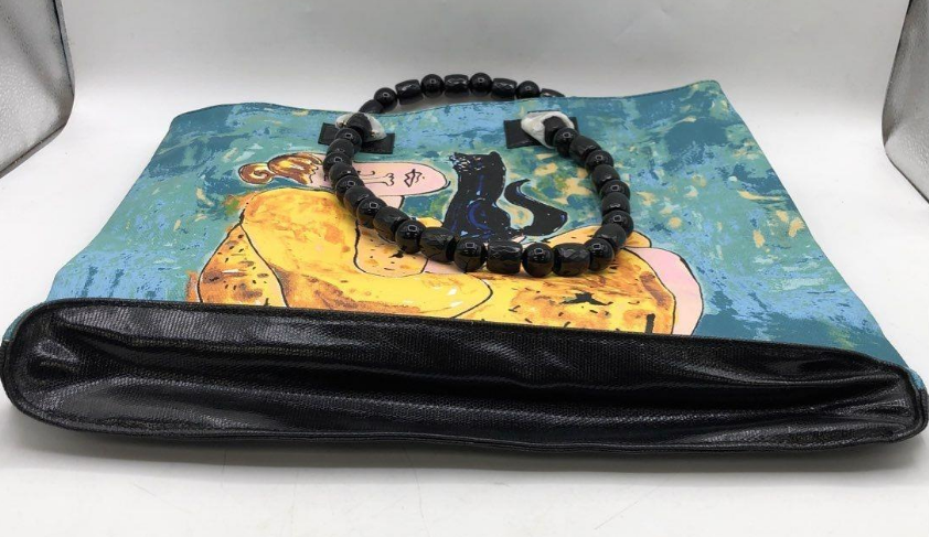Polly Can Art Tote Bag Blue Yellow Black Woman and Cat Design