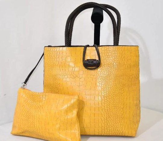 Mustard Yellow Croc Embossed Tote Bag with Matching Pouch