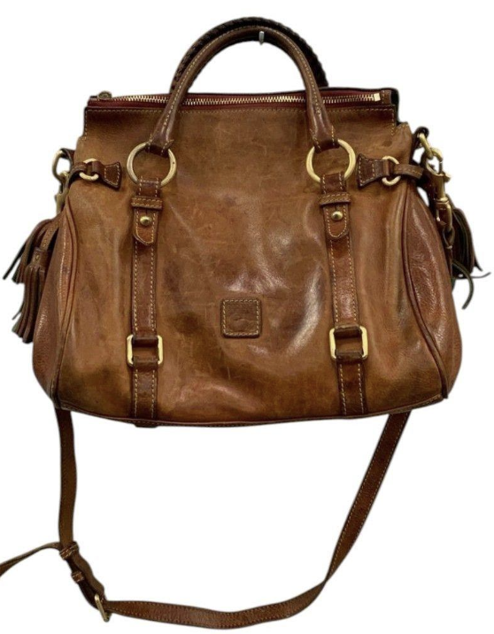 Dooney and Bourke Florentine Medium Brown Leather Satchel with Tassel Detail