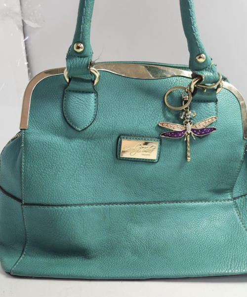 Carolyn Tucker Teal Pebbled Satchel Handbag with Gold Tone Frame and Dragonfly Charm