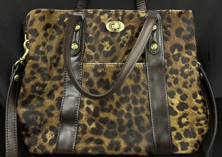 Patricia Nash Leopard Print Satchel Handbag with Dark Brown Leather Trim