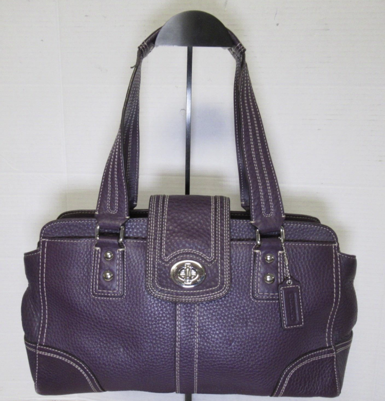 Coach Purple Pebbled Leather Shoulder Bag with Contrast Stitching