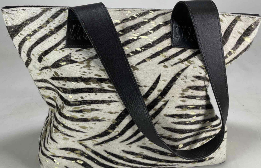 Silver Rose Zebra Print Hair-On-Hide Tote Bag with Black Leather Handles