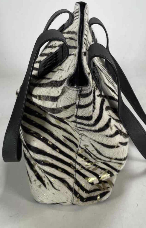 Silver Rose Zebra Print Hair-On-Hide Tote Bag with Black Leather Handles