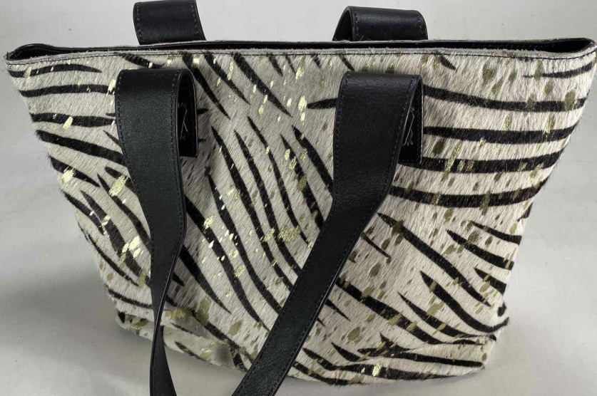 Silver Rose Zebra Print Hair-On-Hide Tote Bag with Black Leather Handles