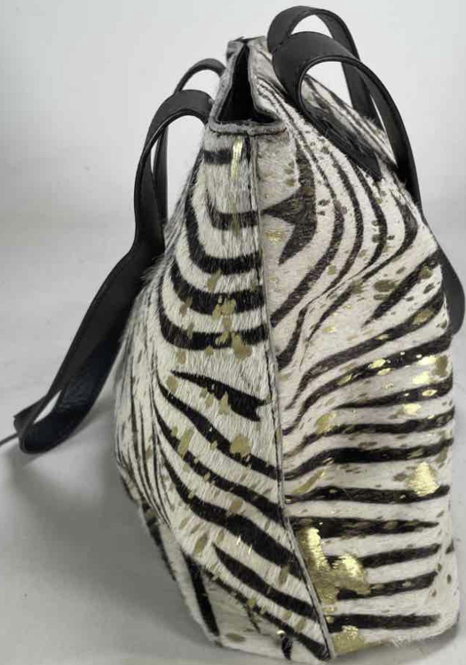 Silver Rose Zebra Print Hair-On-Hide Tote Bag with Black Leather Handles