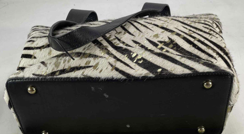 Silver Rose Zebra Print Hair-On-Hide Tote Bag with Black Leather Handles