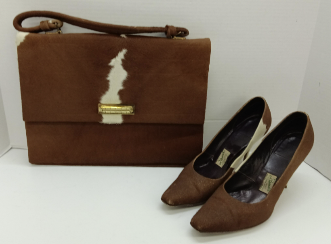 Vintage PYMSA Cowhide Shoulder Bag with Matching Bonita Cowhide Heels Set Made in Mexico