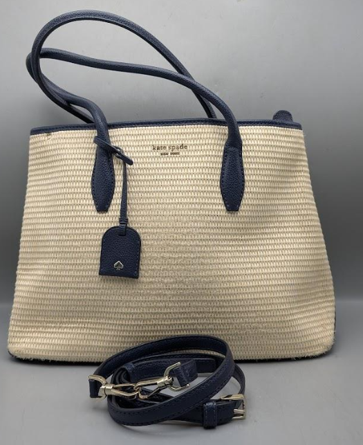 Kate Spade New York Cream Woven Tote Bag with Navy Leather Trim