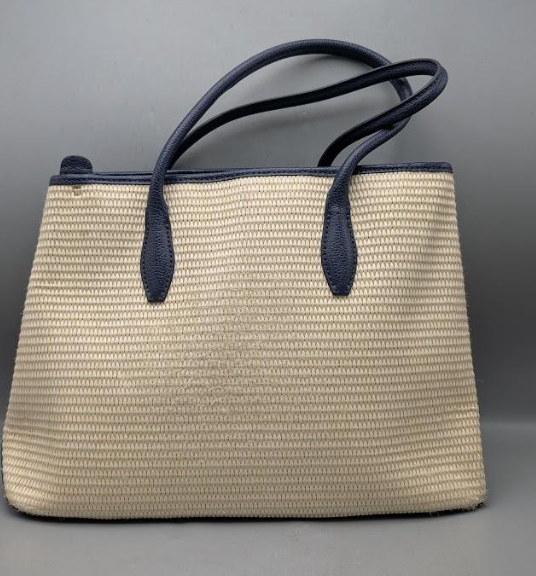 Kate Spade New York Cream Woven Tote Bag with Navy Leather Trim