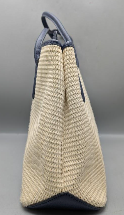 Kate Spade New York Cream Woven Tote Bag with Navy Leather Trim