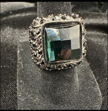 Bold Unisex Dark Green Faceted Stone Statement Ring with Black Crystal Accents