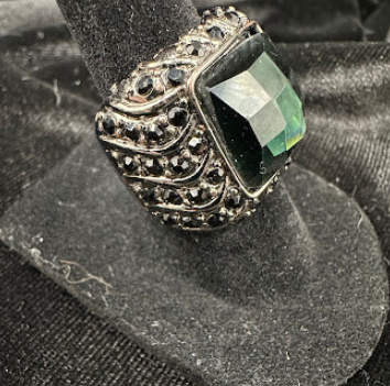 Bold Unisex Dark Green Faceted Stone Statement Ring with Black Crystal Accents