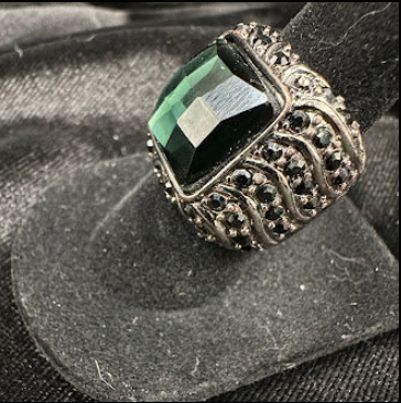 Bold Unisex Dark Green Faceted Stone Statement Ring with Black Crystal Accents