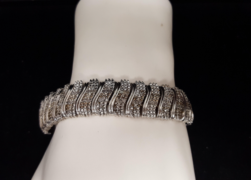 CU Signed Silver Tone Pavé CZ Bracelet Wide Statement Diamond-Like Tennis Bracelet 38.1g