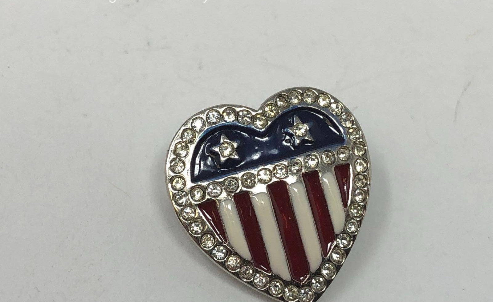 Signed MMA Patriotic Flag Heart Pin | Metropolitan Museum of Art Enamel Rhinestone Brooch