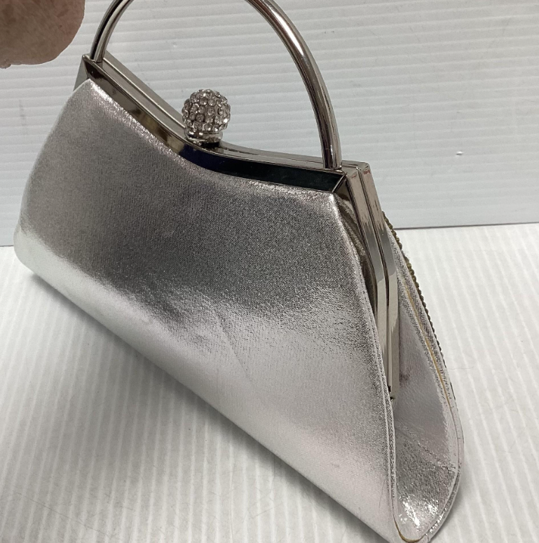 Silver Rhinestone Evening Bag with Top Handle and Crystal Clasp Formal Clutch
