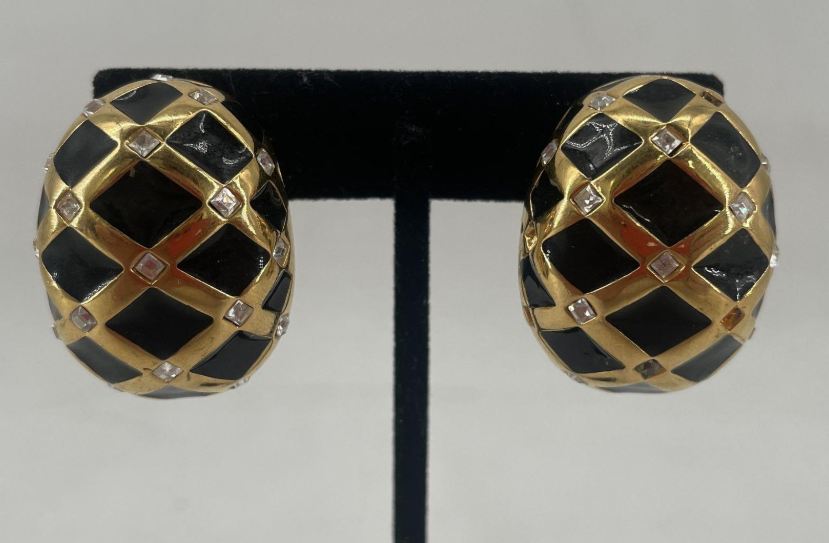 Vintage St. John Black Enamel Rhinestone Clip-On Earrings | Gold-Tone Designer Statement Earrings