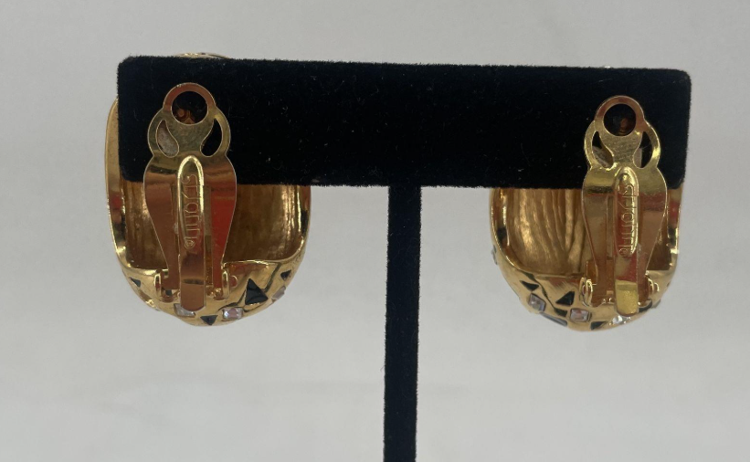 Vintage St. John Black Enamel Rhinestone Clip-On Earrings | Gold-Tone Designer Statement Earrings