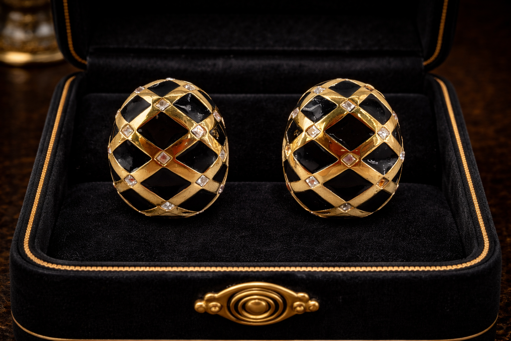 Vintage St. John Black Enamel Rhinestone Clip-On Earrings | Gold-Tone Designer Statement Earrings