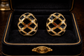 Vintage St. John Black Enamel Rhinestone Clip-On Earrings | Gold-Tone Designer Statement Earrings